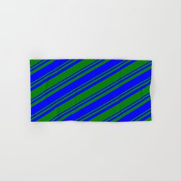 [ Thumbnail: Green and Blue Colored Stripes/Lines Pattern Hand & Bath Towel ]