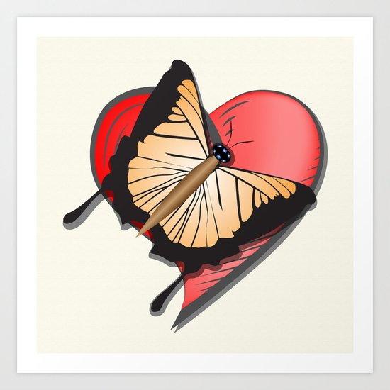 Butterfly over a heart, a symbol of romance. Art Print
