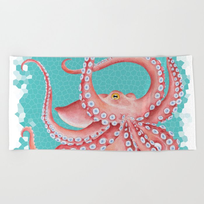 Red Octopus Teal Watercolor Stained Glass Beach Towel