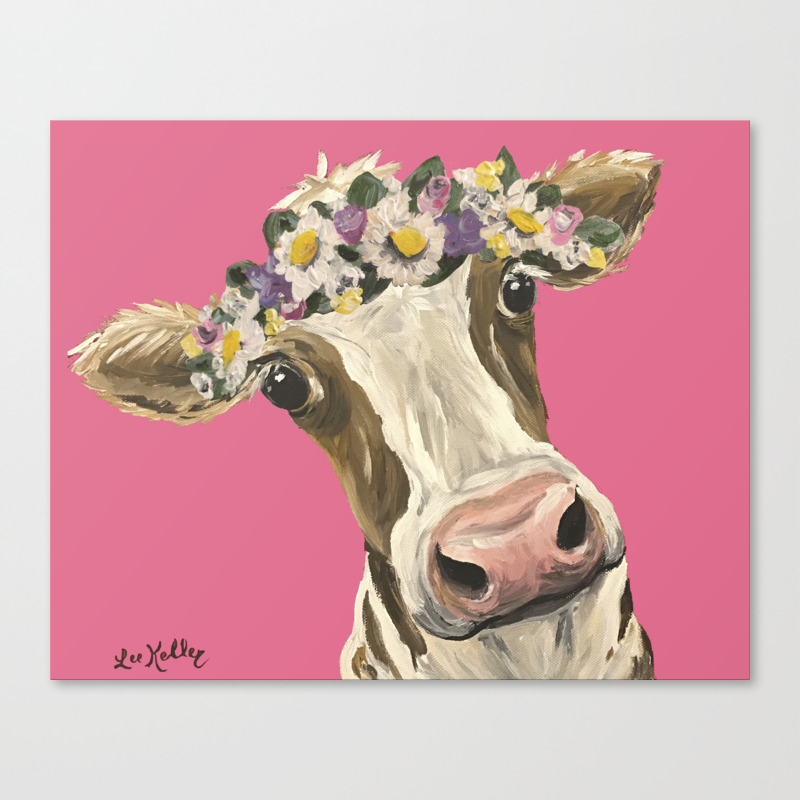 Cute Cow Art Colorful Flower Crown Cow Art Canvas Print By