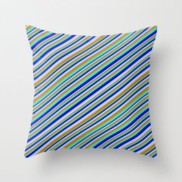 [ Thumbnail: Turquoise, Blue, Light Gray & Dark Goldenrod Colored Pattern of Stripes Throw Pillow ]