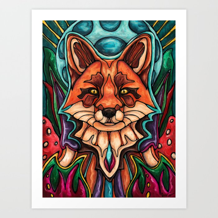 Magic red fox and moon painting, spirit animal Art Print