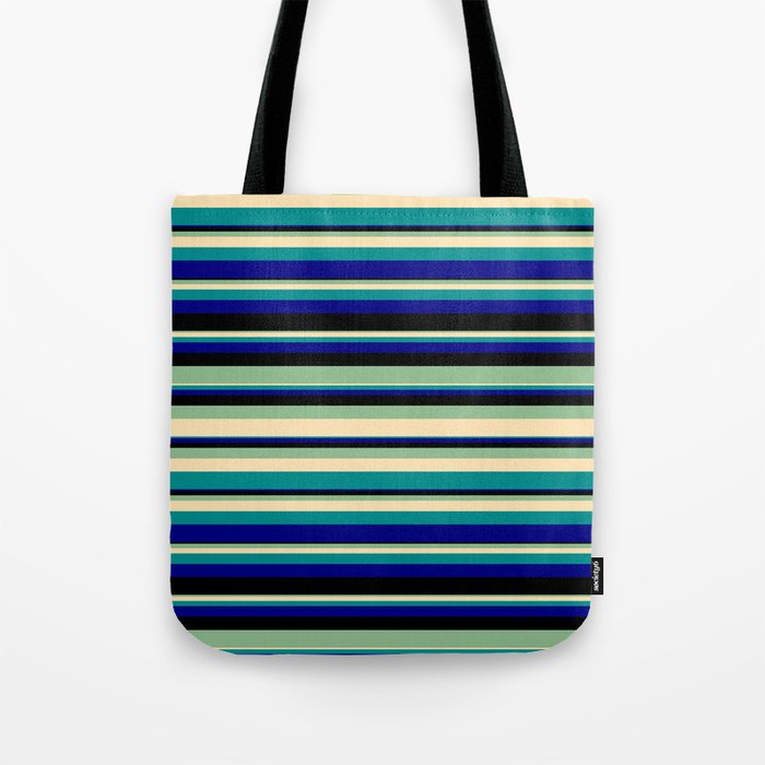 Vibrant Dark Sea Green, Beige, Dark Cyan, Blue & Black Colored Striped/Lined Pattern Tote Bag