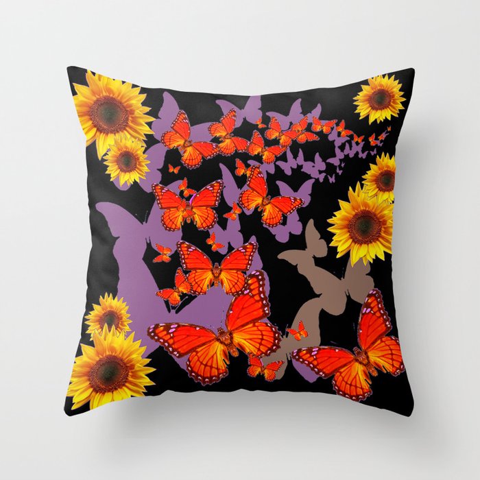 Decorative Black-Orange Butterflies Sunflower Pattern Art Throw Pillow