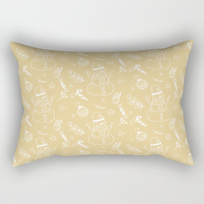 Tan and White Christmas Snowman Doodle Pattern Rectangular Pillow
