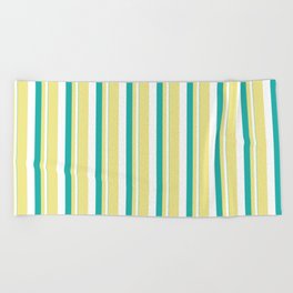 [ Thumbnail: Light Sea Green, White, and Tan Colored Stripes/Lines Pattern Beach Towel ]