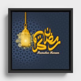 Ramadan Kareem in Cartoon 3D Arabic Calligraphy with Luminous Lantern on The Geometry Background Framed Canvas