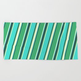 [ Thumbnail: Sea Green, Light Yellow, Turquoise, and Dark Slate Gray Colored Striped Pattern Beach Towel ]
