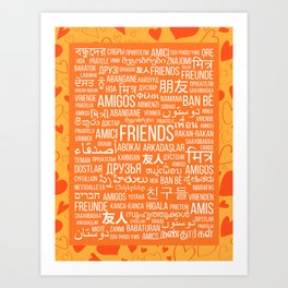 The word "Friends" in different languages of the world on an orange background with hearts Art Print