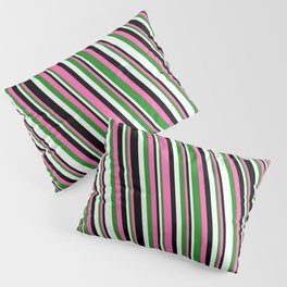 [ Thumbnail: Hot Pink, Forest Green, Mint Cream & Black Colored Stripes Pattern Pillow Sham ]