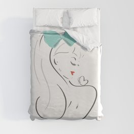 fashion girl illustration with green bow Duvet Cover