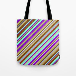 [ Thumbnail: Aquamarine, Dark Violet, Dark Khaki, and Brown Colored Stripes/Lines Pattern Tote Bag ]