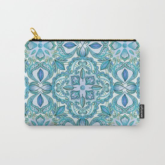 Colored Crayon Floral Pattern in Teal & White Carry-All Pouch