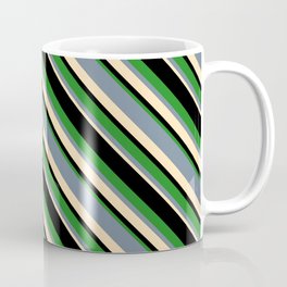 [ Thumbnail: Light Slate Gray, Beige, Black, and Forest Green Colored Lined Pattern Coffee Mug ]