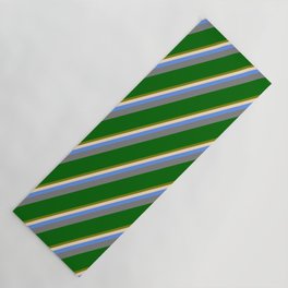 [ Thumbnail: Eyecatching Green, Bisque, Cornflower Blue, Gray, and Dark Green Colored Lined/Striped Pattern Yoga Mat ]