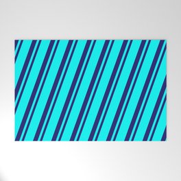 [ Thumbnail: Cyan & Midnight Blue Colored Striped/Lined Pattern Welcome Mat ]
