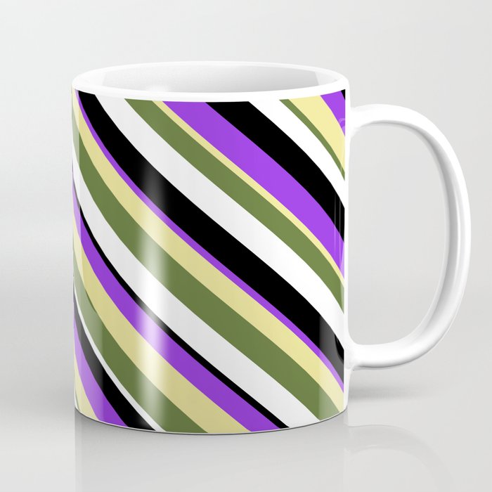 Vibrant Purple, Tan, Dark Olive Green, White & Black Colored Lined/Striped Pattern Coffee Mug