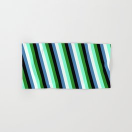 [ Thumbnail: Colorful Forest Green, Aquamarine, Mint Cream, Blue & Black Colored Stripes Pattern Hand & Bath Towel ]