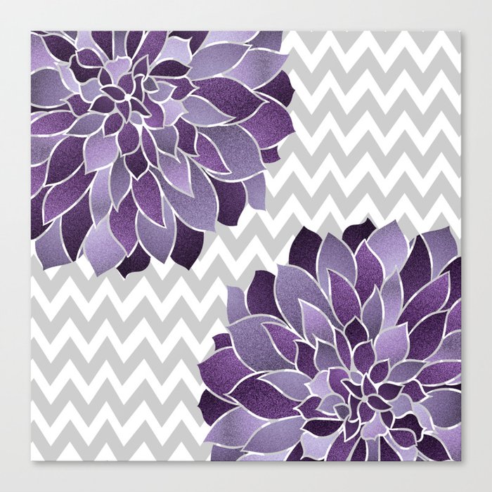 Floral Prints, Chevron, Purple and Gray Canvas Print by Megan Morris