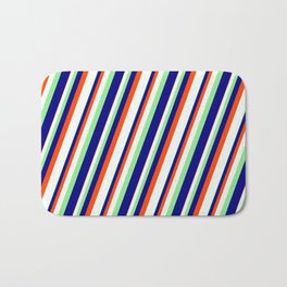 [ Thumbnail: Light Green, Blue, Red & Mint Cream Colored Stripes Pattern Bath Mat ]