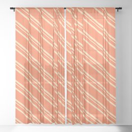 [ Thumbnail: Coral and Beige Colored Striped Pattern Sheer Curtain ]