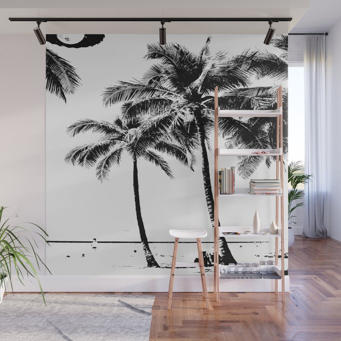 Black and White Palm Tree with Hawaii Summer Sea Beach Wall