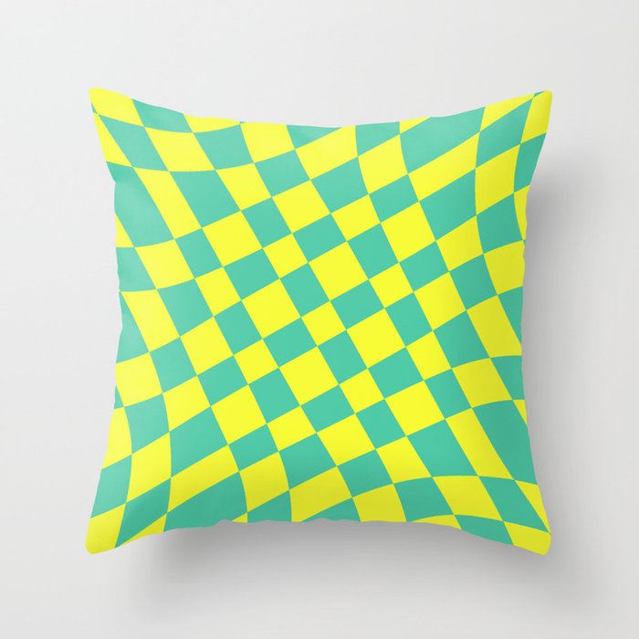 Abstract Warped Checkerboard pattern - Eucalyptus and Maximum Yellow Throw Pillow