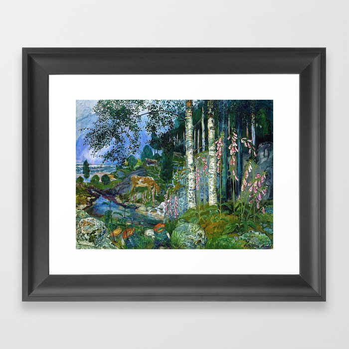 Wilderness Landscape, Wild Foxglove Flowers, White Birch, Stream & Cattle by Nikolai Astrup Framed Art Print