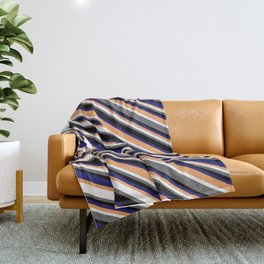 [ Thumbnail: Colorful Brown, White, Dim Gray, Black & Midnight Blue Colored Lines Pattern Throw Blanket ]