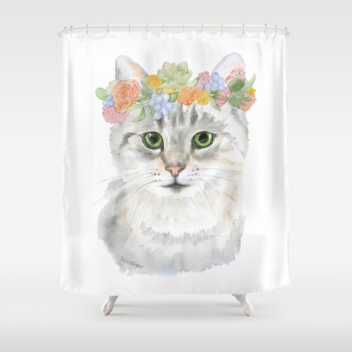 Gray Tabby Cat Floral Wreath Watercolor Shower Curtain