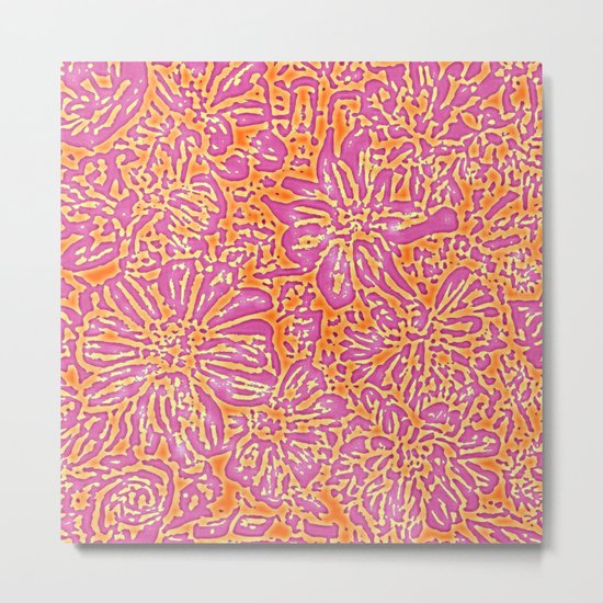 Marigold Lino Cut, Batik Pink And Orange Metal Print
