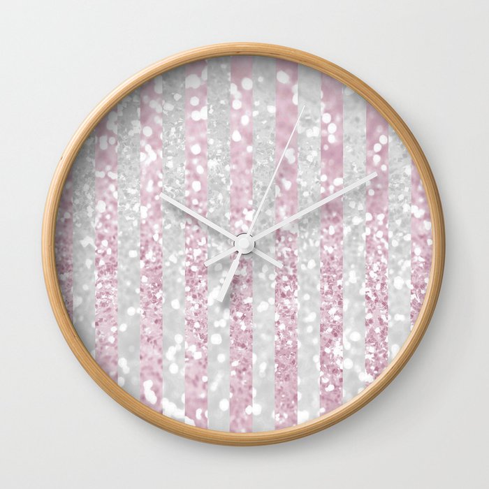 Elegant pink white faux glitter stripes pattern Wall Clock