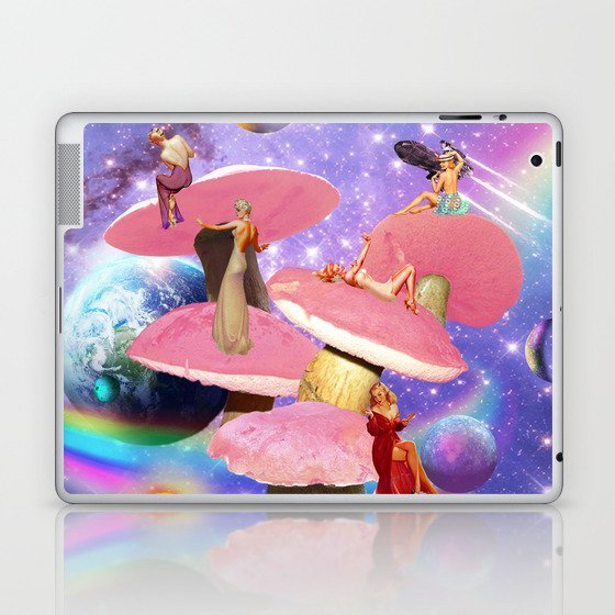 Vintage Pin-Up Girls On Pink Mushrooms In Space Laptop & iPad Skin