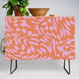 Distorted groovy checks pattern - orange pink jelly Credenza