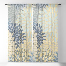 Modern, Abstract, Flower Garden, Blue, Yellow, Gray Sheer Curtain