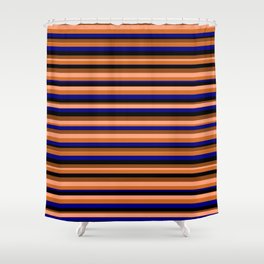 [ Thumbnail: Eyecatching Light Salmon, Chocolate, Blue, Black & Brown Colored Stripes/Lines Pattern Shower Curtain ]
