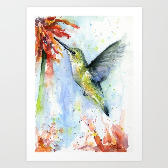 Hummingbird Red Flower Watercolor Bird Art Print