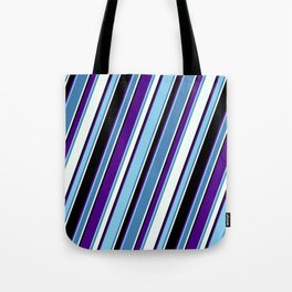 [ Thumbnail: Colorful Indigo, Sky Blue, Blue, Mint Cream, and Black Colored Lines Pattern Tote Bag ]