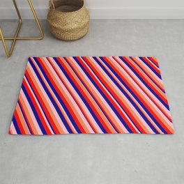 [ Thumbnail: Pink, Coral, Red, and Dark Blue Colored Pattern of Stripes Rug ]
