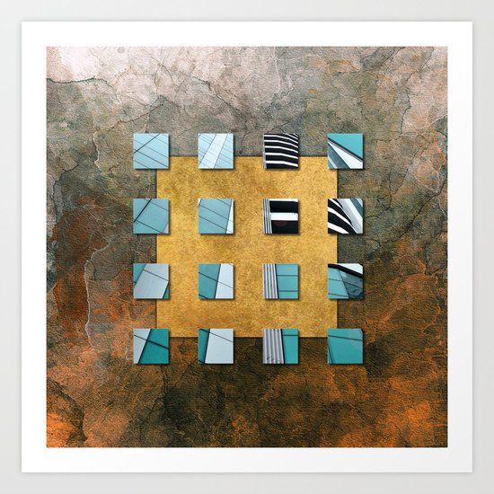 SQUARE AMBIENCE - Blue-golden mixed-media collage Art Print