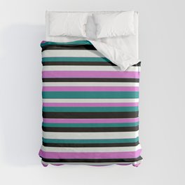 [ Thumbnail: Orchid, Teal, Black, and Mint Cream Colored Striped/Lined Pattern Duvet Cover ]