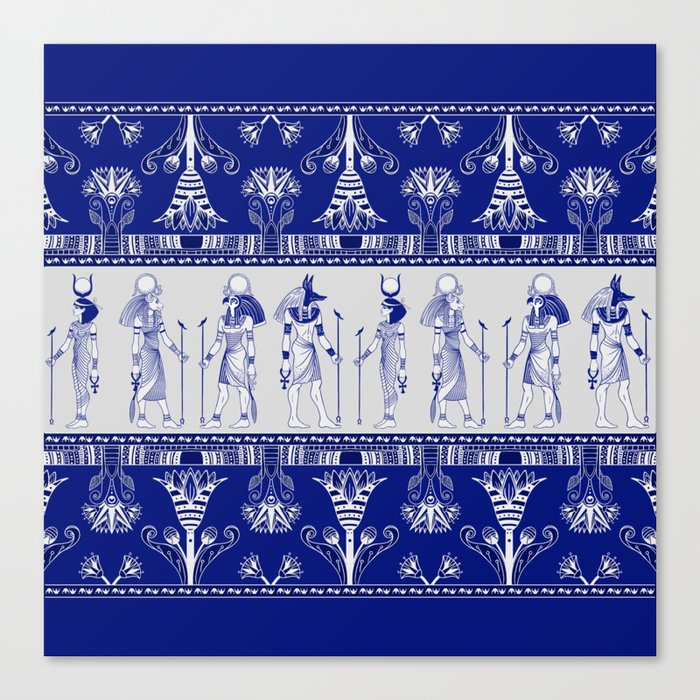 Egyptian Gods and Ornamental border - blue and grey Canvas Print