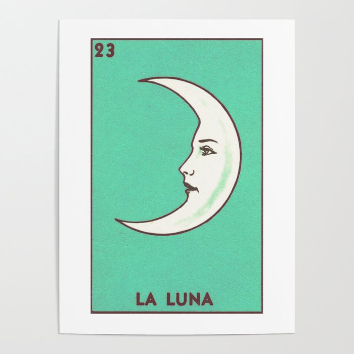 Vintage Mexican Loteria Card, La Luna, Crescent Moon Poster