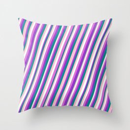 [ Thumbnail: Eye-catching Pink, Mint Cream, Orchid, Dark Orchid & Dark Cyan Colored Stripes Pattern Throw Pillow ]