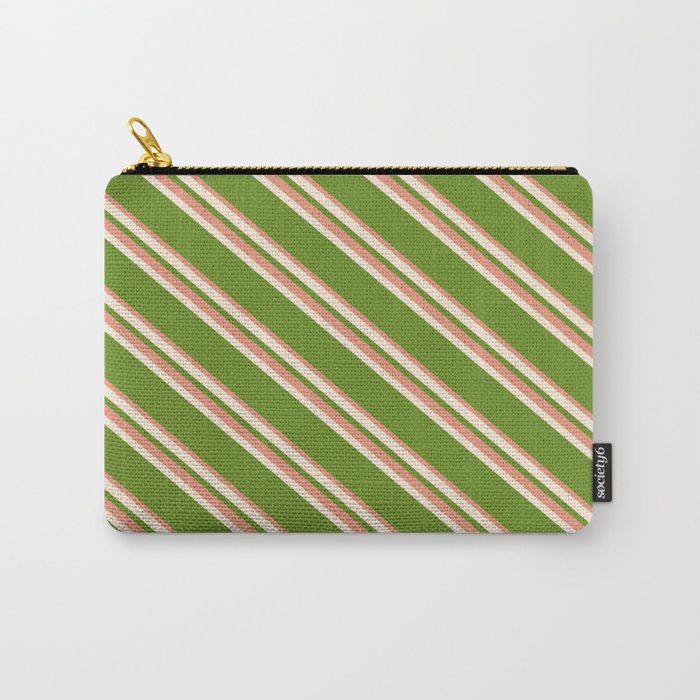 Beige, Green & Dark Salmon Colored Striped/Lined Pattern Carry-All Pouch