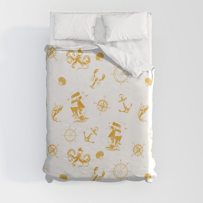 Mustard Silhouettes Of Vintage Nautical Pattern Duvet Cover