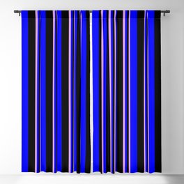 [ Thumbnail: Plum, Black, and Blue Colored Lines Pattern Blackout Curtain ]