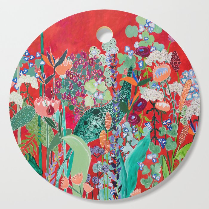 Red floral Jungle Garden Botanical featuring Proteas, Reeds, Eucalyptus, Ferns and Birds of Paradise Cutting Board
