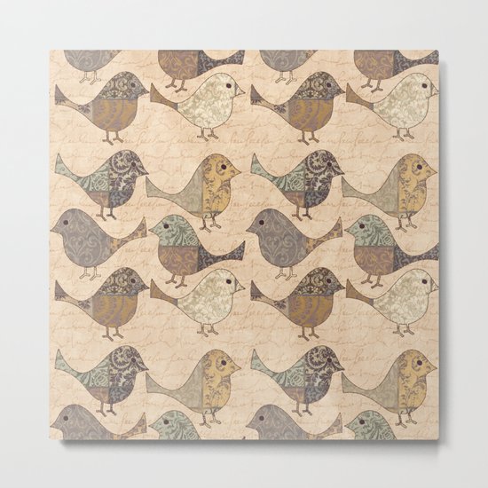 Nostalgic Autumn Patchwork Bird Pattern in warm retro colors #autumndecoration Metal Print
