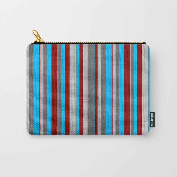 Grey, Dim Grey, Deep Sky Blue & Dark Red Colored Stripes Pattern Carry-All Pouch